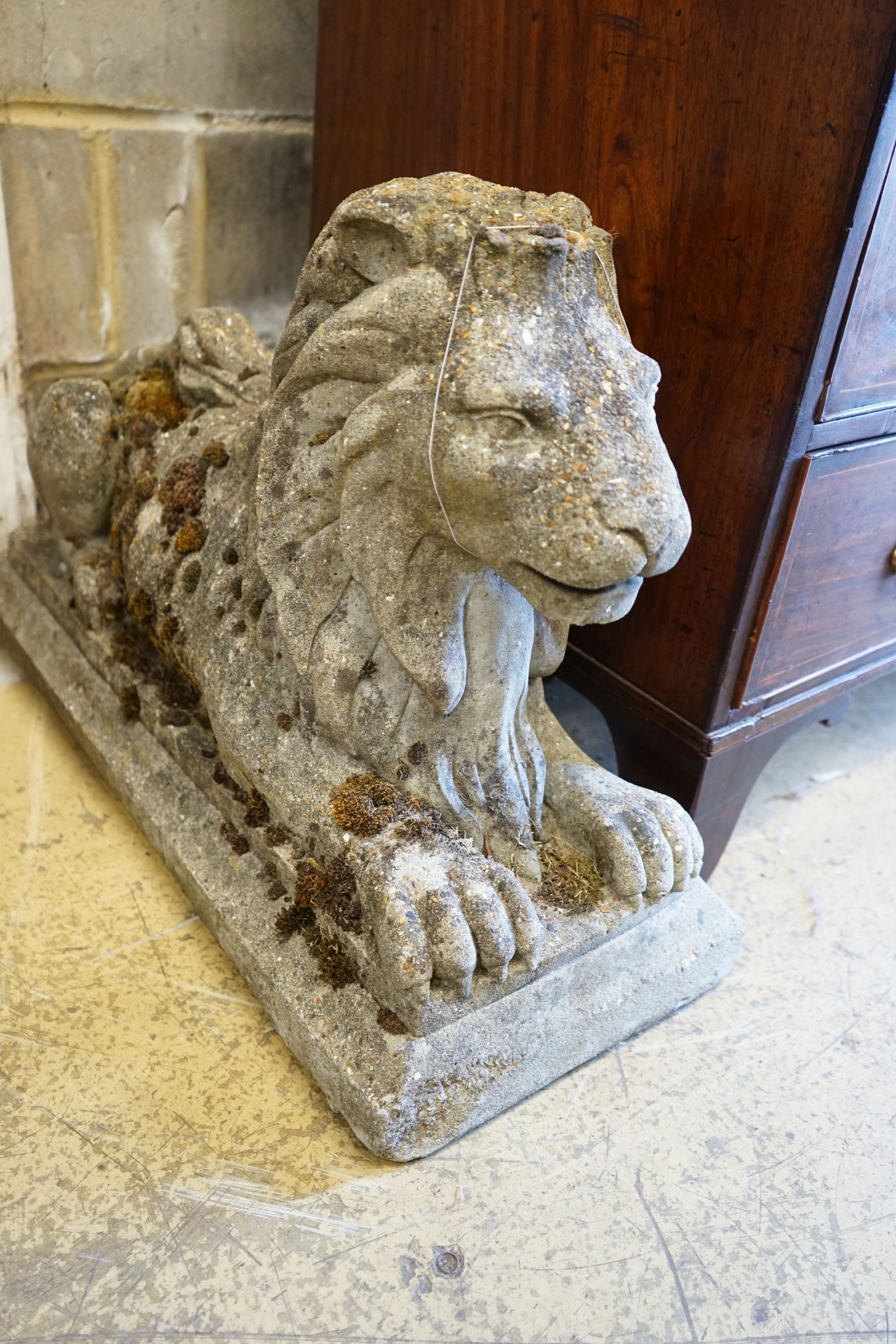 A reconstituted stone recumbent lion ornament, length 74cm, height 50cm